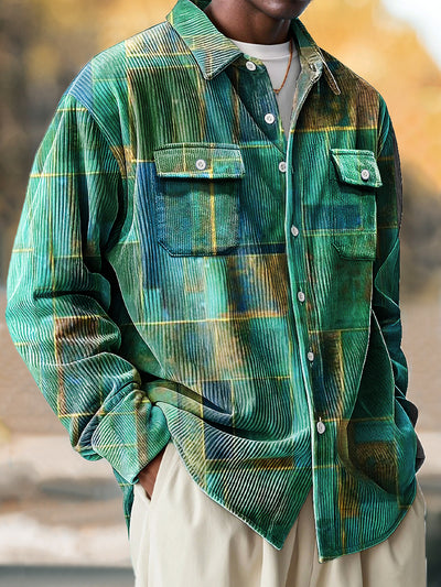 Vintage Classic Plaid Art Print Corduroy Lapel Long Sleeve Pocket Shirt