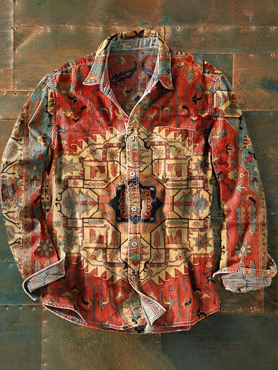 Unisex Vintage Western Ethnic Geometric Art Print Lapel Long Sleeve Pocket Shirt