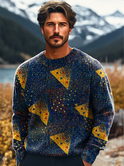 Gentleman Vintage Geometric Art Print Knit Crew Neck Pullover