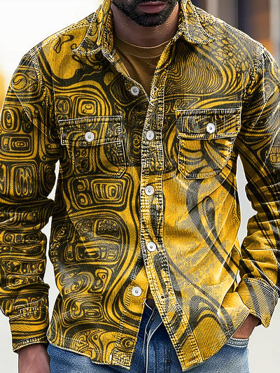 Vintage Abstract Line Rock Art Print Corduroy Lapel Long Sleeve Pocket Shirt