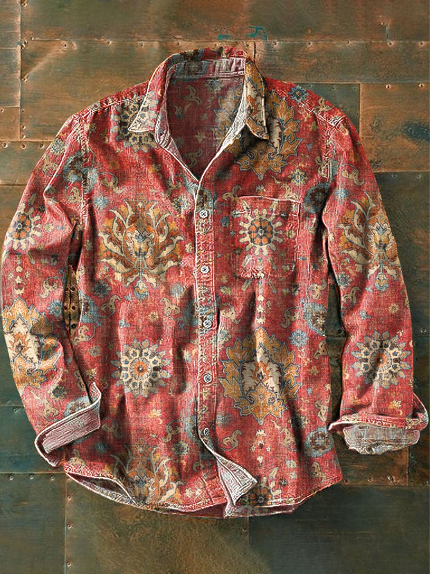 Unisex Vintage Ethnic Floral Art Print Lapel Long Sleeve Pocket Shirt