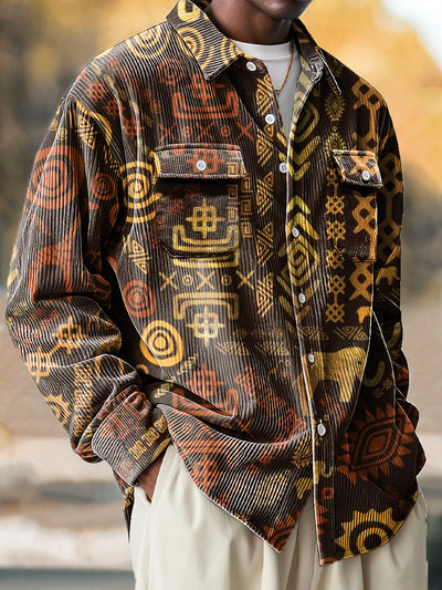 Vintage Ethnic Irregular Art Print Corduroy Lapel Long Sleeve Pocket Shirt