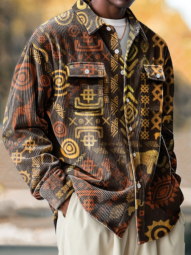 Vintage Ethnic Irregular Art Print Corduroy Lapel Long Sleeve Pocket Shirt