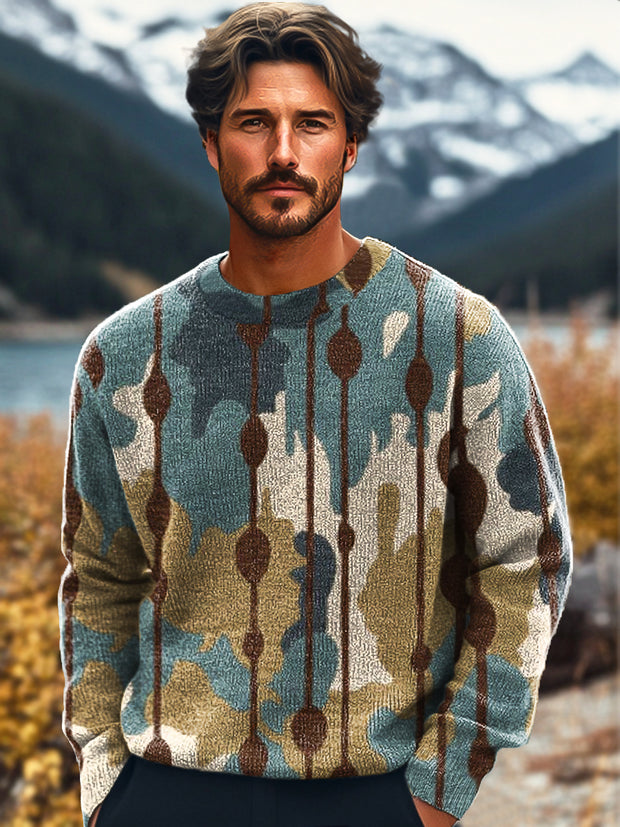 Gentleman Vintage Multicolor Irregular Line Art Print Knit Crew Neck Pullover