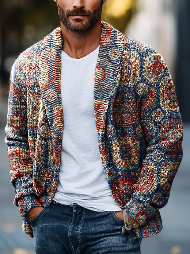 Gentleman Vintage Ethnic Geometric Floral Art Print Lapel Pocket Knit Cardigan