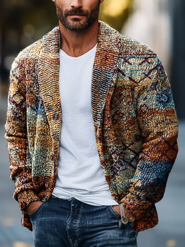 Gentleman Vintage Ethnic Patchwork Art Print Lapel Pocket Knit Cardigan