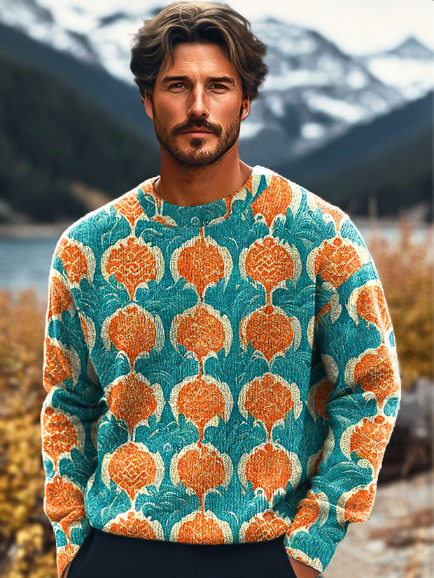 Gentleman Vintage Two Color Abstract Floral Art Print Knit Crew Neck Pullover Sweater