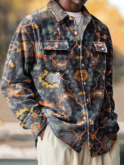 Vintage African Ethnic Floral Art Print Corduroy Lapel Long Sleeve Pocket Shirt