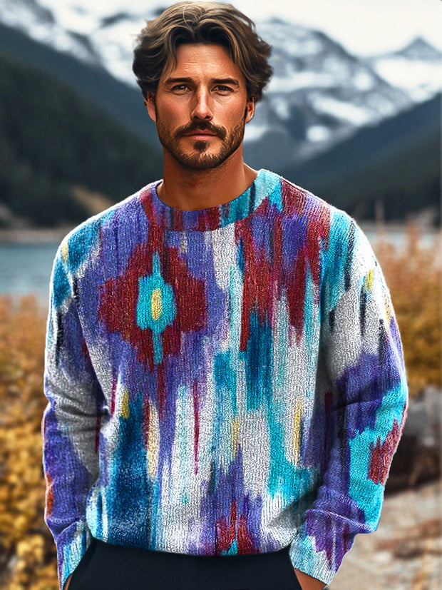 Gentleman's Vintage Abstract Multicolor Gradient Geometric Art Print Knit Crew Neck Pullover