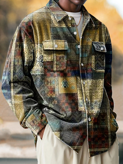 Vintage African Ethnic Geometric Patchwork Art Print Corduroy Lapel Long Sleeve Pocket Shirt