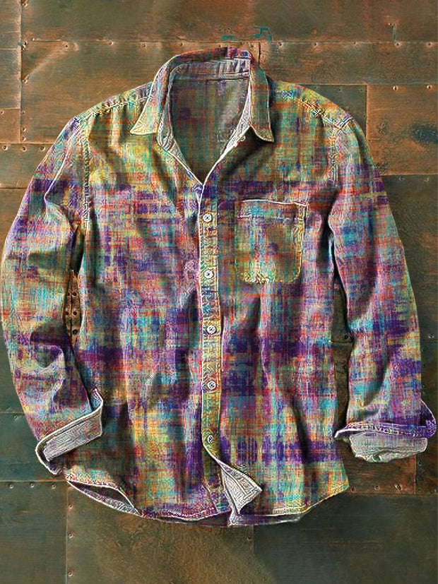 Unisex Vintage Abstract Swoosh Plaid Line Art Print Lapel Long Sleeve Pocket Shirt