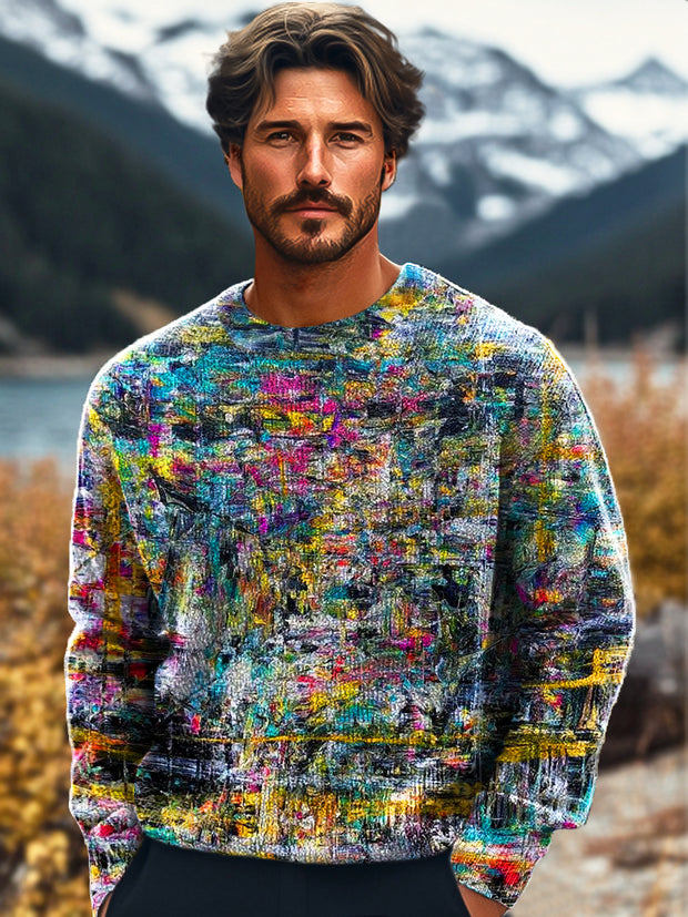 Gentleman's Vintage Abstract Multicolor Graffiti Art Print Knit Crew Neck Pullover