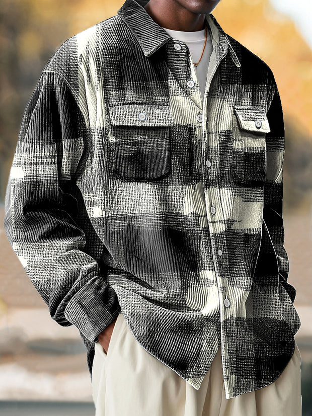 Vintage African Gradient Black and White Plaid Art Print Corduroy Lapel Long Sleeve Pocket Shirt