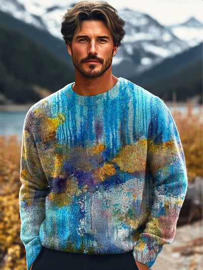 Gentleman's Vintage Gradient Color Swoosh Art Print Knit Crew Neck Pullover Sweatshirt