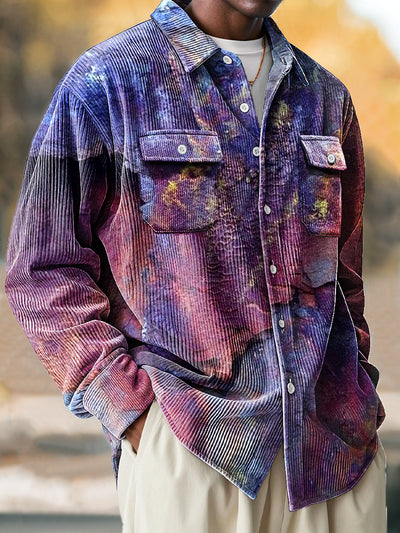 Vintage African Gradient Textured Art Print Corduroy Lapel Long Sleeve Pocket Shirt