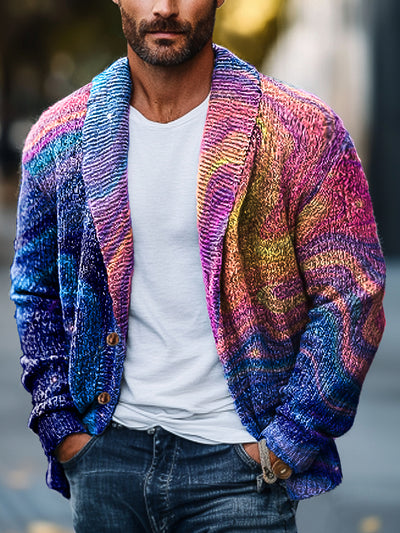 Gentleman's Vintage Gradient Wave Textured Art Print Lapel Pocket Knit Cardigan