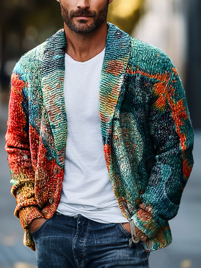 Gentleman Vintage Abstract Gradient Textured Art Print Lapel Pocket Knit Cardigan