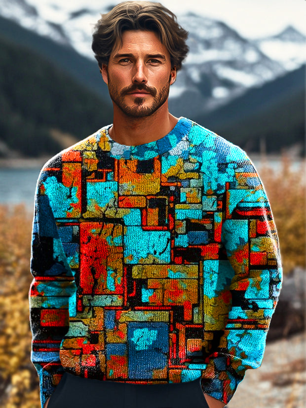 Gentleman Vintage Aged Color Block Patchwork Art Print Knit Crew Neck Pullover