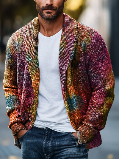 Gentleman Vintage Abstract Multicolor Swoosh Art Print Lapel Pocket Knit Cardigan