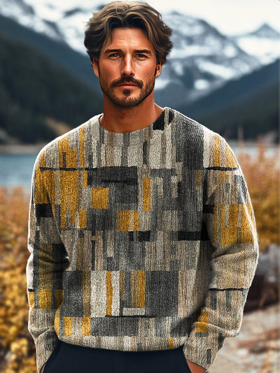 Gentleman Vintage Irregular Geometric Art Print Knit Crew Neck Pullover Sweater