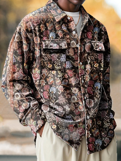 Vintage African Ethnic Floral Art Print Corduroy Lapel Long Sleeve Pocket Shirt