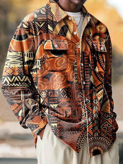 Vintage African Ethnic Geometric Art Print Corduroy Lapel Long Sleeve Pocket Shirt