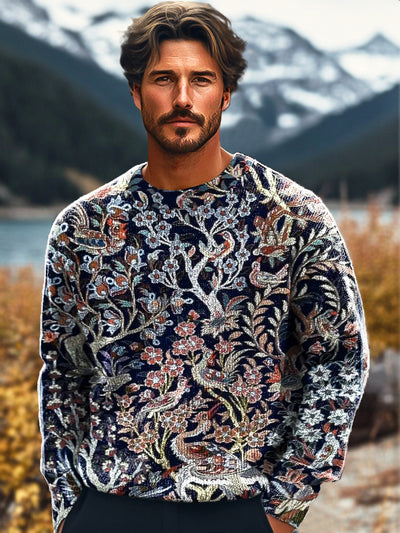 Gentleman Vintage Abstract Twig and Bird Oil Painting Art Print Knit Crew Neck Pullover Sweater