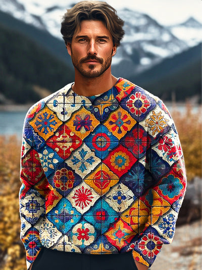 Gentleman Vintage Ethnic Geometric Patchwork Art Print Knit Crew Neck Pullover Shirt