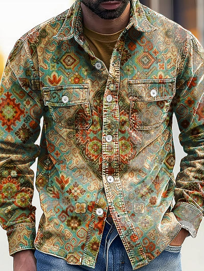 Vintage African Ethnic Mandala Art Print Corduroy Lapel Long Sleeve Pocket Shirt