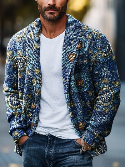 Gentleman Vintage Ethnic Geometric Floral Art Print Lapel Knit Cardigan