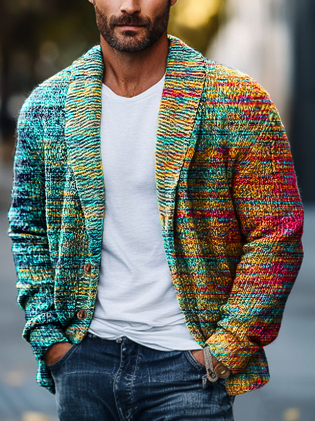 Gentleman Vintage Gradient Abstract Color Line Art Printed Lapel Knit Cardigan