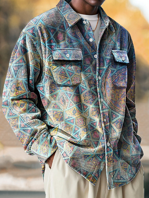 Vintage African Gradient Color Geometric Art Print Corduroy Lapel Long Sleeve Pocket Shirt