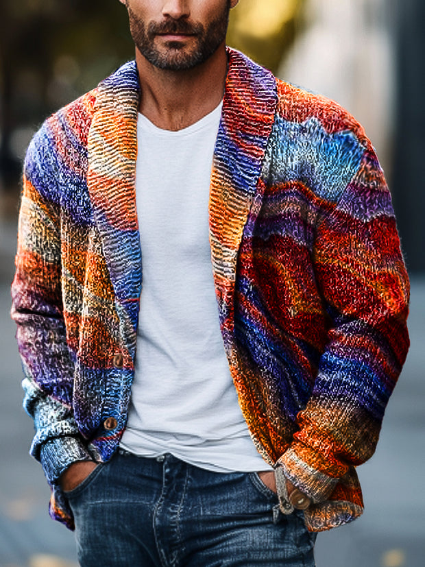 Gentleman Vintage Iridescent Marbled Art Print Lapel Knit Cardigan