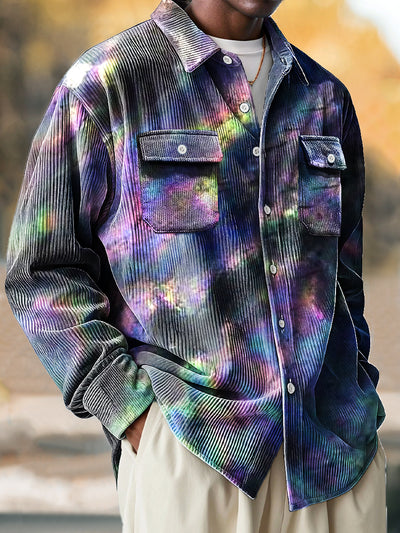 Vintage African Abstract Light Art Print Corduroy Lapel Long Sleeve Pocket Shirt