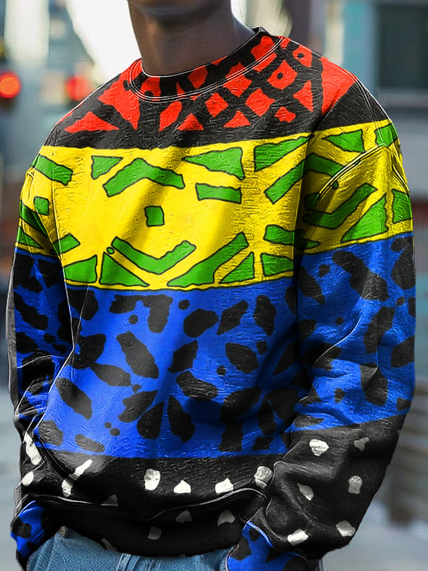 Vintage African Multicolor Geometric Color Block Art Print Crew Neck Sweatshirt