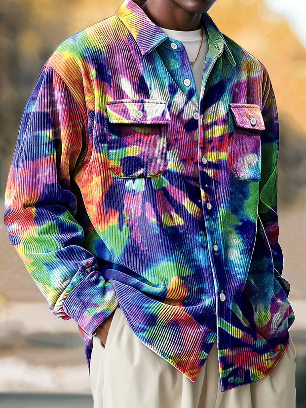 Vintage African Abstract Colorful Tie-Dye Art Print Corduroy Lapel Long Sleeve Pocket Shirt