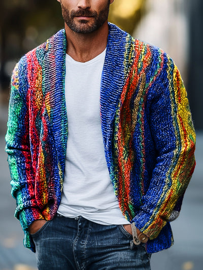 Gentleman Vintage Abstract Color Gradient Stripe Wave Art Print Lapel Pocket Knit Cardigan