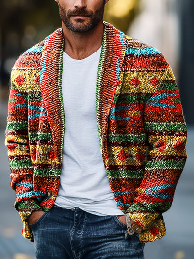 Gentleman Vintage Colorful Fair Isle Pattern Art Print Lapel Pocket Knit Cardigan