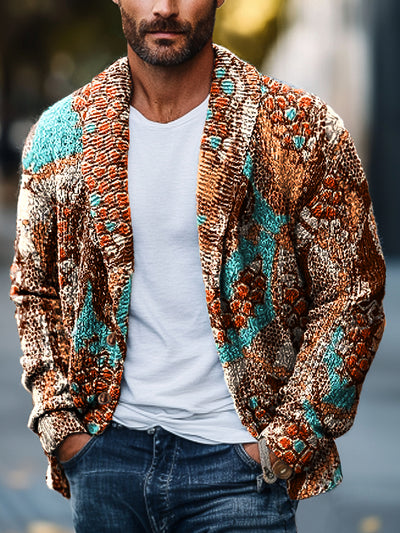 Gentleman Vintage Abstract Colorful Geometric Art Print Lapel Pocket Knit Cardigan