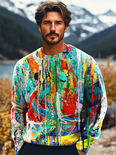 Gentleman Vintage Colorful Abstract Graffiti Art Print Knit Crew Neck Pullover