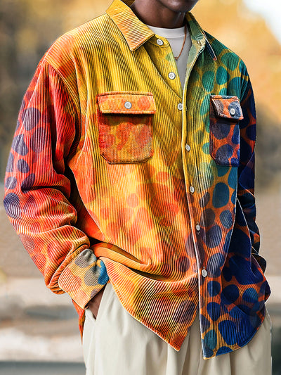 Vintage African Abstract Gradient Geometric Art Print Corduroy Lapel Long Sleeve Pocket Shirt