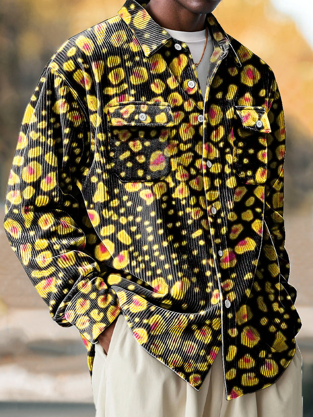 Vintage African Irregular Dot Art Print Corduroy Lapel Long Sleeve Pocket Shirt