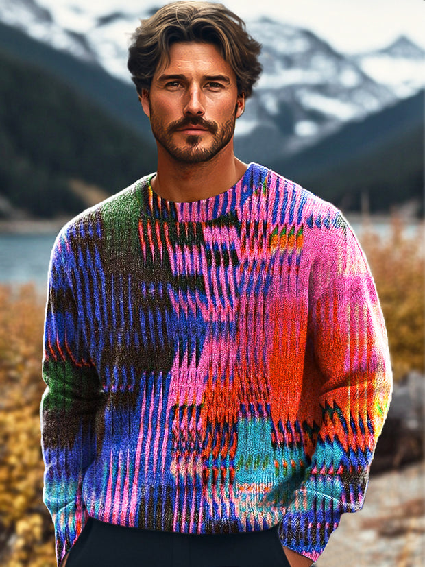 Gentleman Vintage Colorful Gradient Line Geometric Art Print Knit Crew Neck Pullover