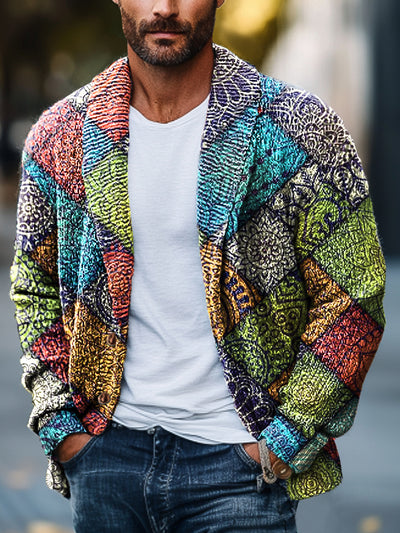 Gentleman Vintage Ethnic Color Block Patchwork Art Print Lapel Pocket Knit Cardigan