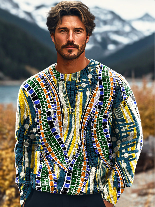 Gentleman Vintage Colorful Irregular Geometric Lines Art Printed Knit Crew Neck Pullover