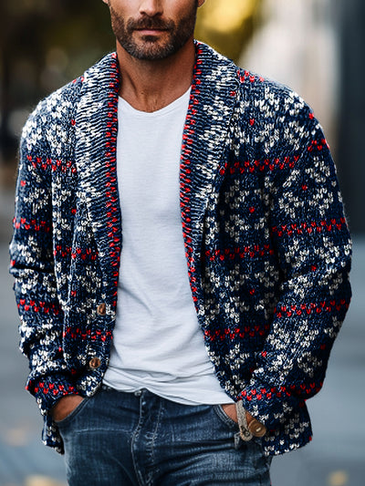 Gentleman Vintage Navy Blue Classic Fair Isle Pattern Art Printed Lapel Pocket Knit Cardigan