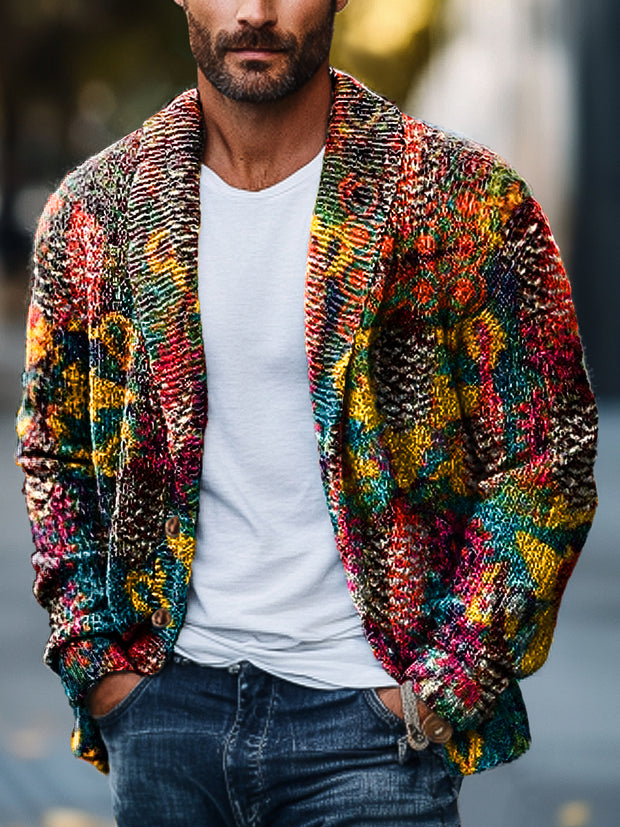 Gentleman Vintage Colorful Abstract Watercolor Art Print Lapel Pocket Knit Cardigan