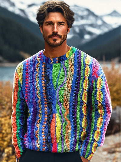 Gentleman Vintage Colorful Stripe Patchwork Art Print Knit Crew Neck Pullover Sweatshirt