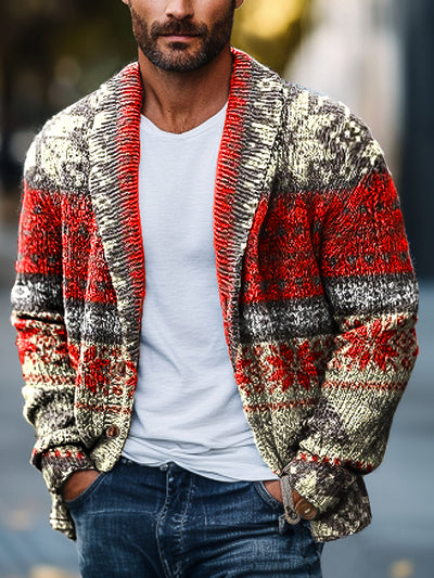 Gentleman Vintage Red Patchwork Fair Isle Pattern Art Print Lapel Pocket Knit Cardigan