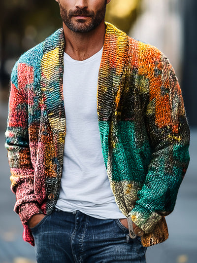 Gentleman Vintage Abstract Colorful Graffiti Art Print Lapel Pocket Knit Cardigan